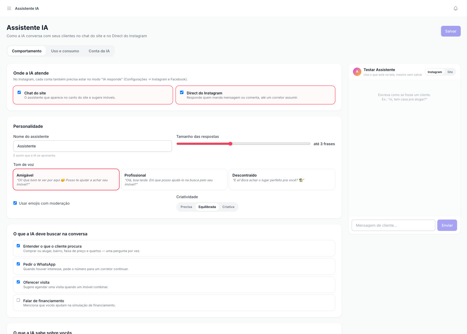 Configuração da assistente de IA