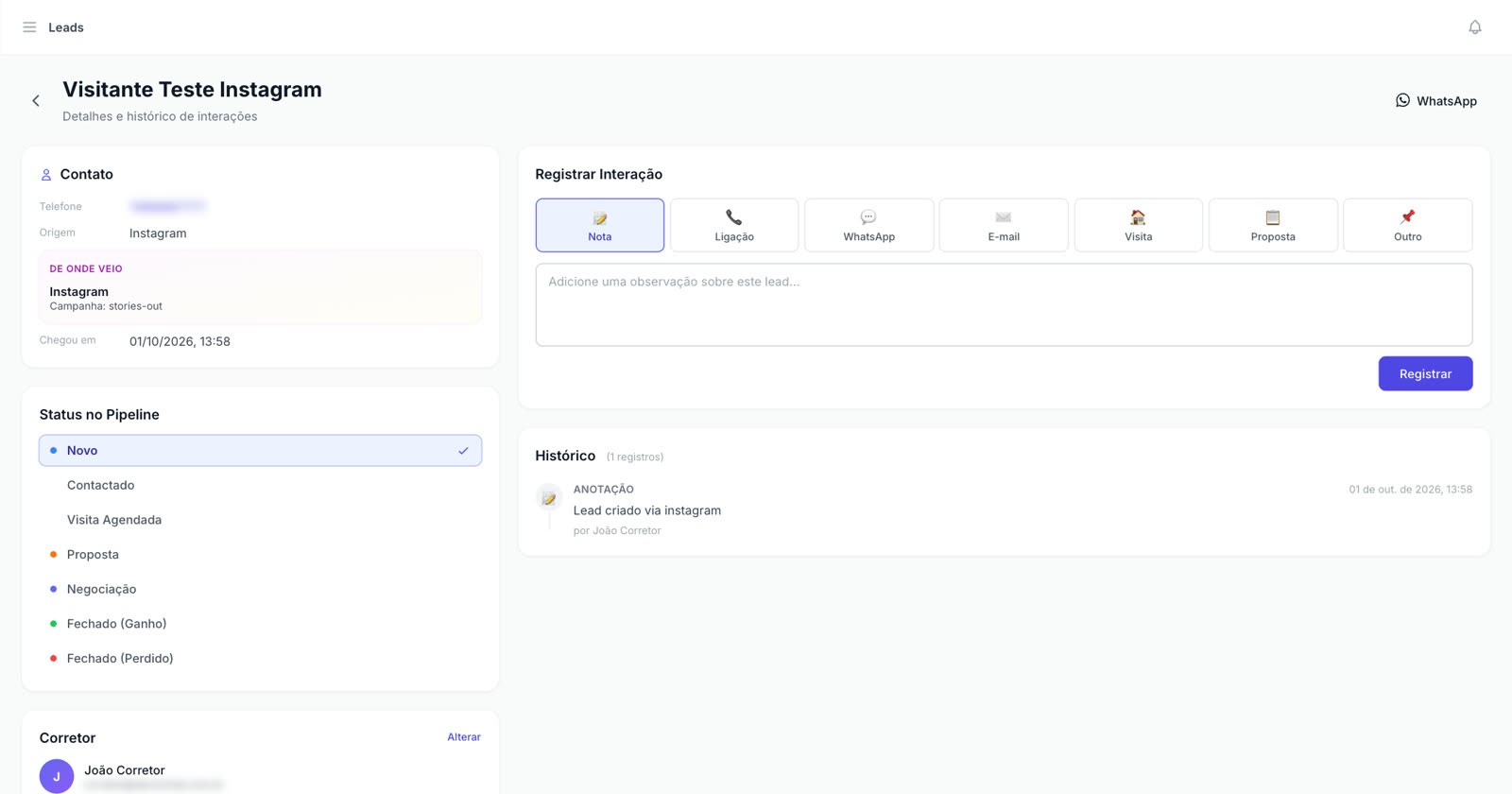 Ficha do lead com origem e histórico