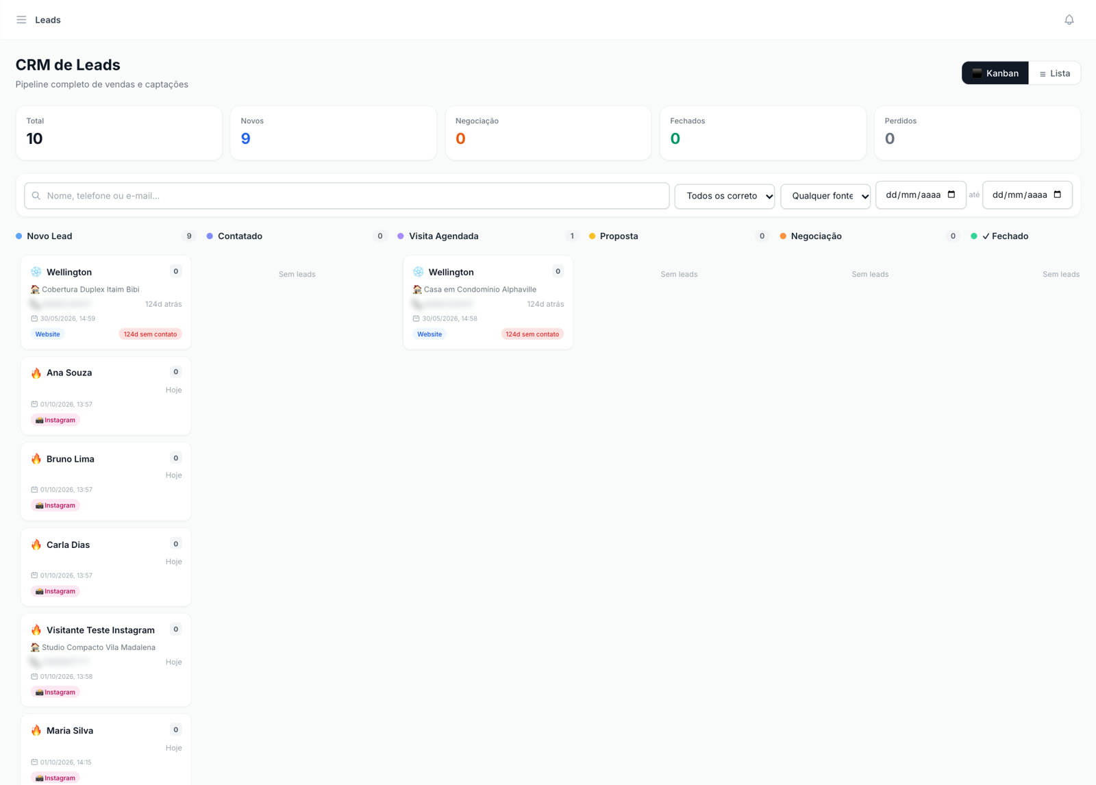 Funil de leads em Kanban