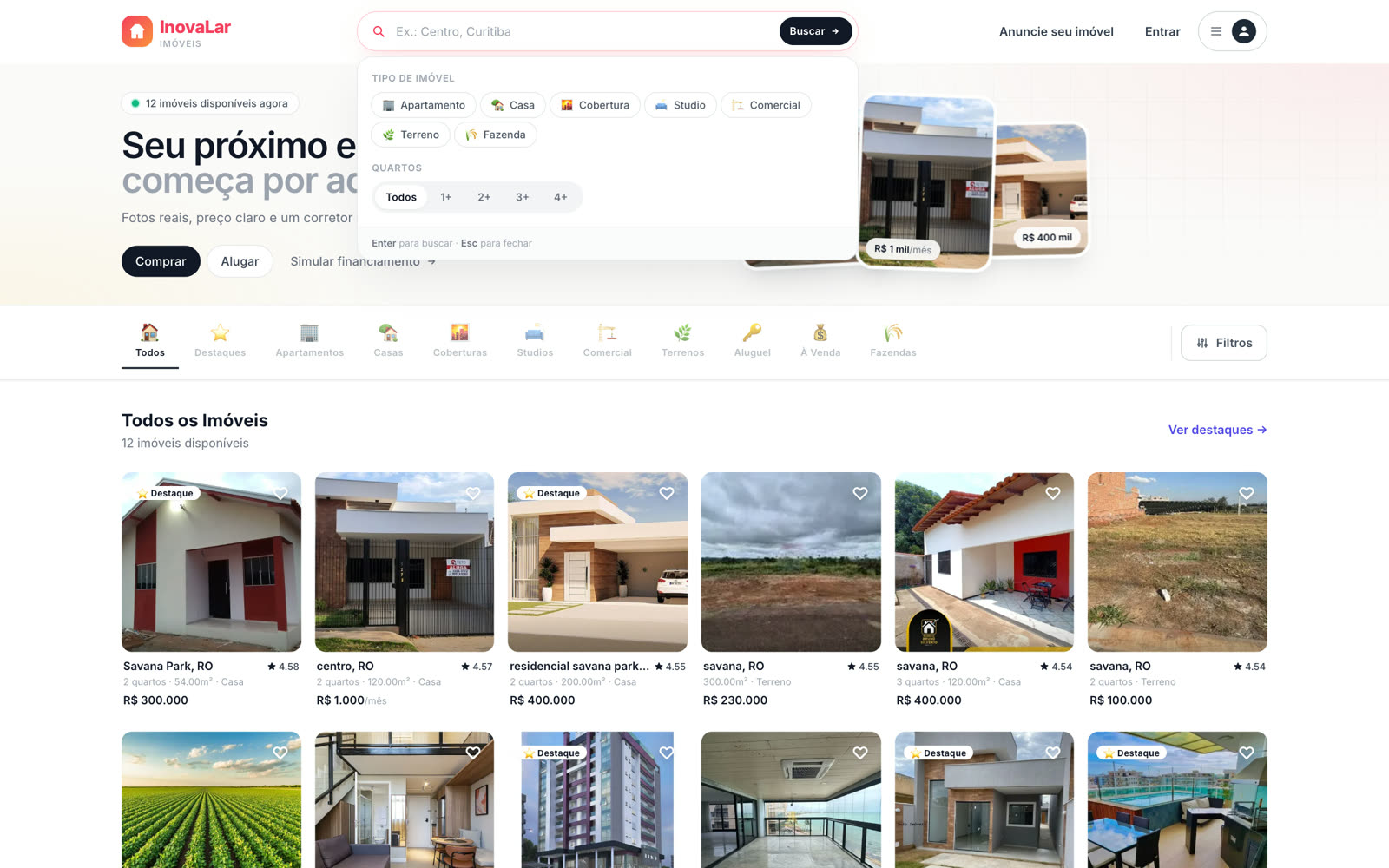 Portal com a busca aberta e filtros por tipo e quartos