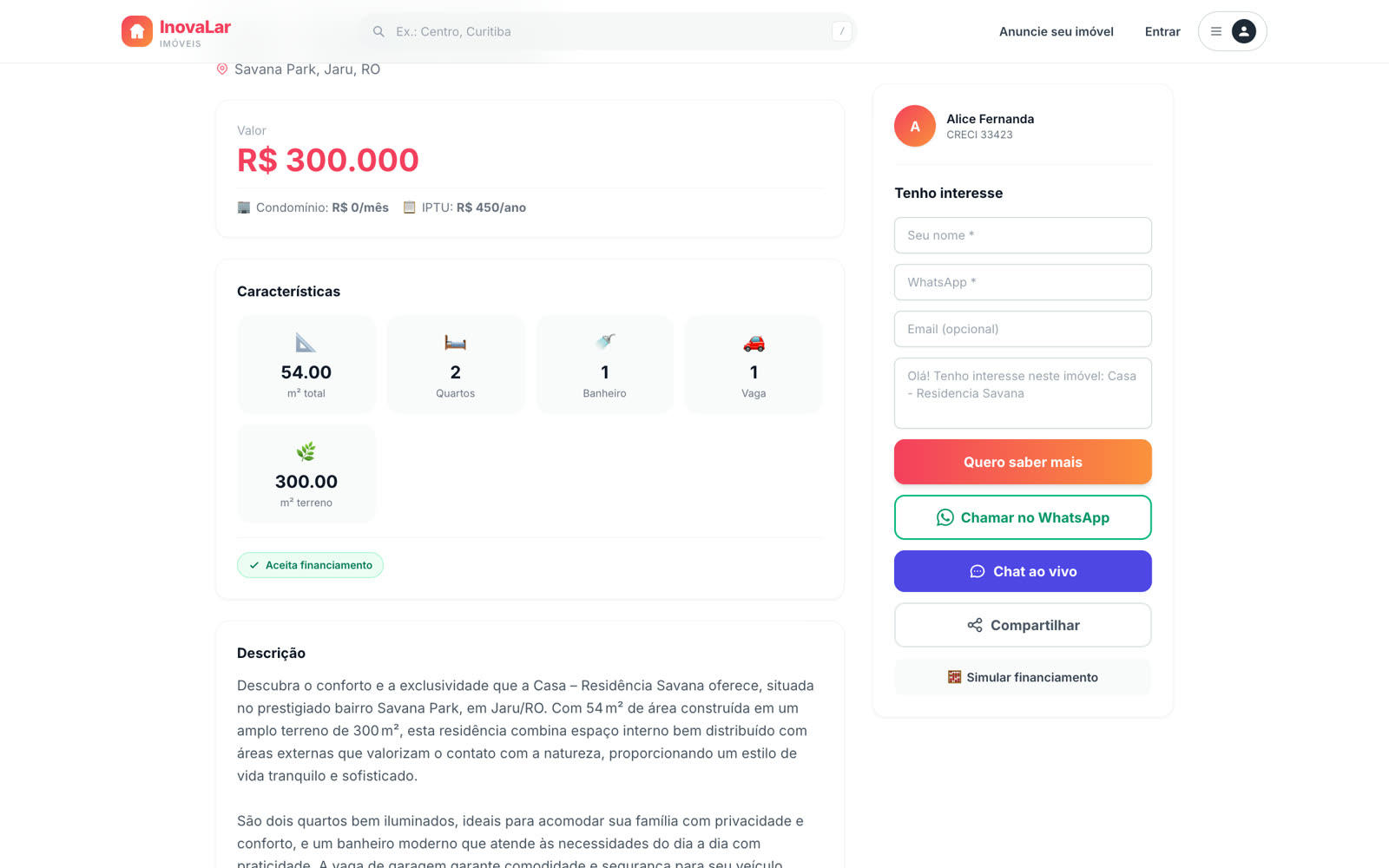 Página do imóvel com valor, características e contato do corretor