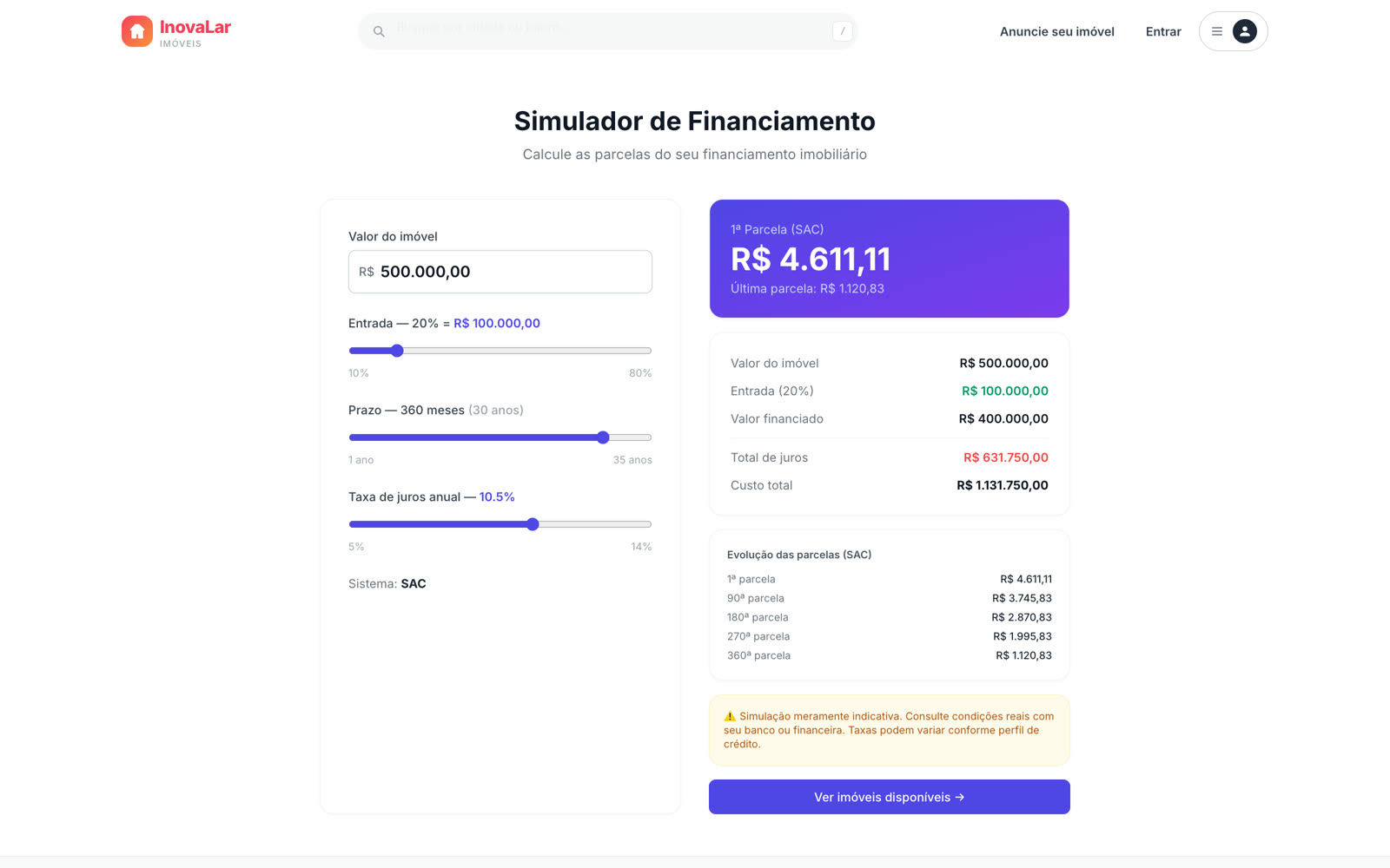 Simulador de financiamento SAC