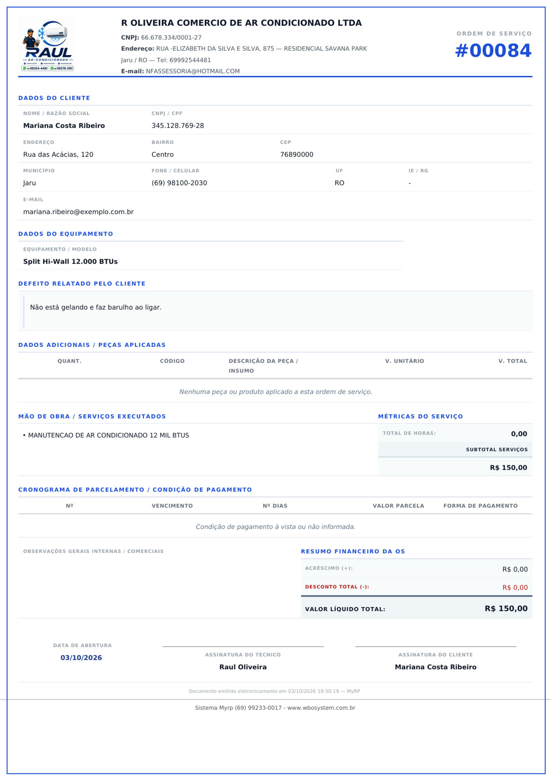 Impressão da ordem de serviço com os dados do cliente