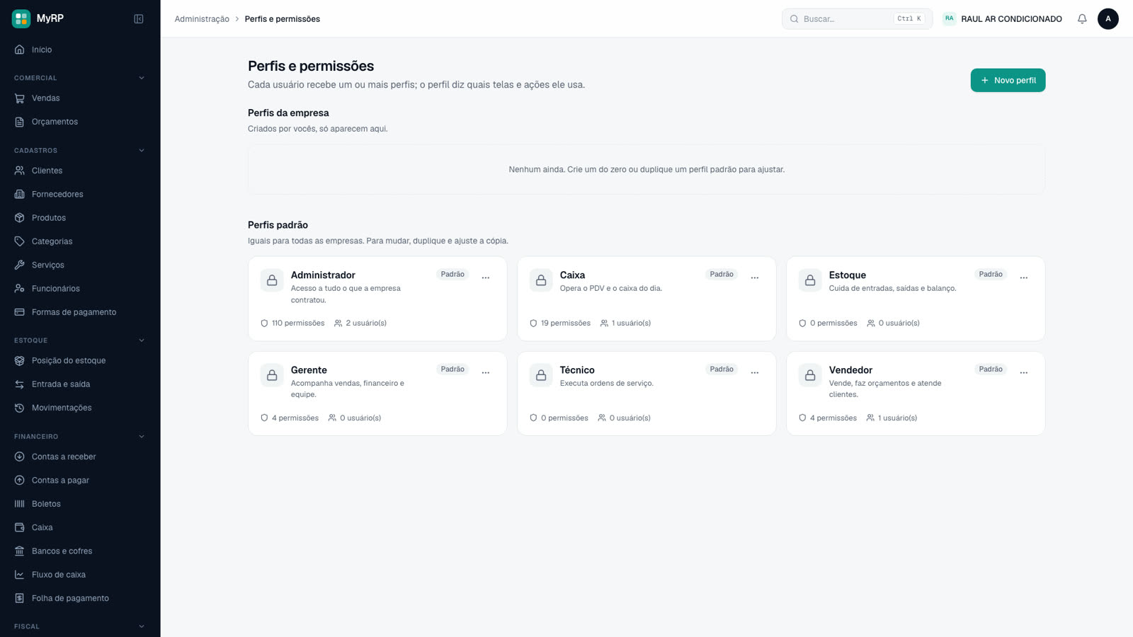 Perfis e permissões: administrador, caixa, estoque, gerente, técnico e vendedor