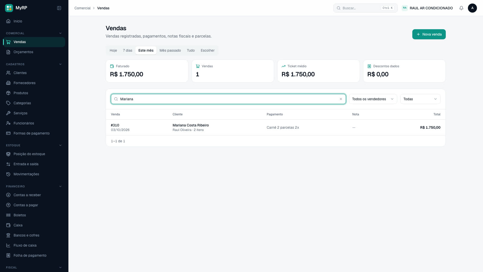 Lista de vendas com faturado, quantidade e ticket médio