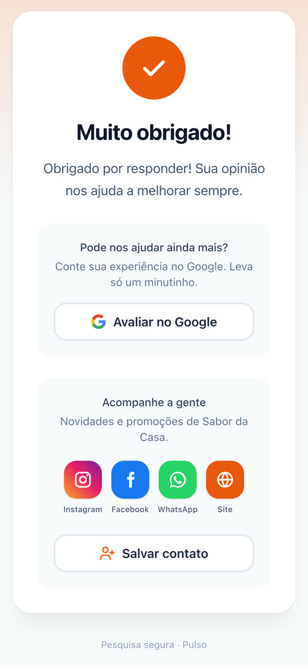 Tela de agradecimento com Google, redes sociais e salvar contato